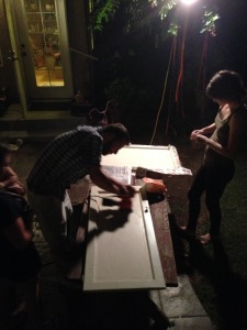 working on our chalk boards, late into the night