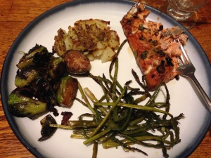 Christmas Dinner:  Cedar plank Salmon, asparagus, boiled smashed roasted potatoes, and bacon maple glazed brusel sprouts.